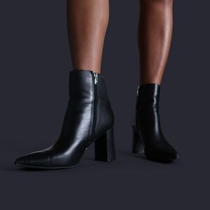 Marc Fisher Black Pointed-Toe Leather Ankle Booties with Block Heel